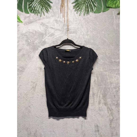 Population Tops - POPULATION Women Knit Top S(4-6) Black Cap Sleeve Embellished Beaded Pullover